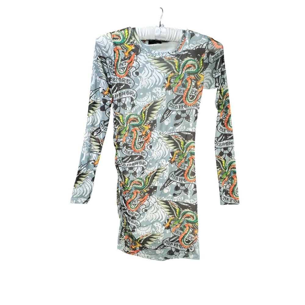 Ed Hardy NWT Dragon Tattoo Print Ruched Bodycon Mini Dress Size Small Y2K - Picture 2 of 15